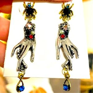 Silver Hand and Beetle Earrings